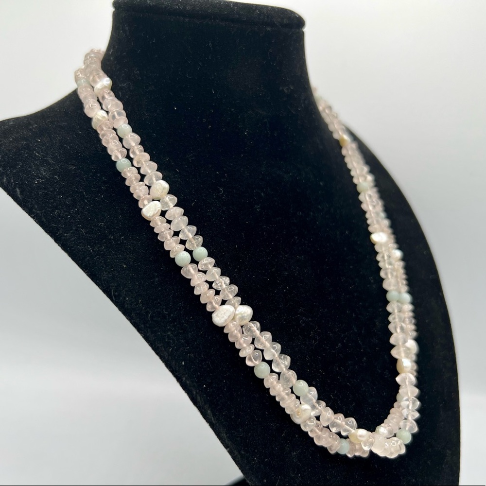 Rose quartz & rice pearl 2-strand bead necklace
